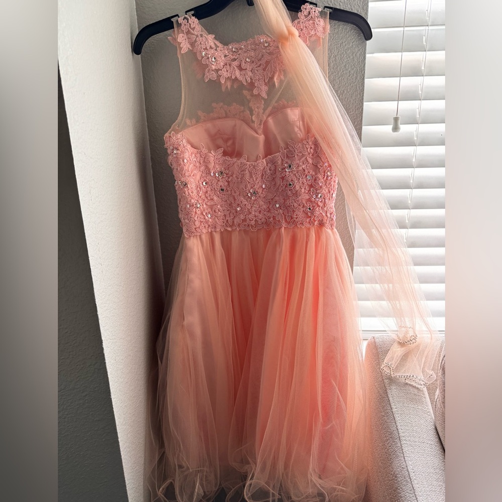 May Queen-Floral Applique A Line Cocktail/Dama/Homecoming dress;size4;blush pink